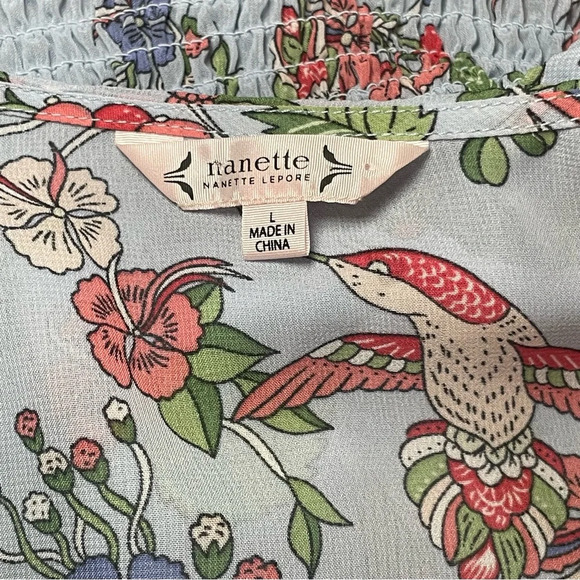 Nanette Lepore Blue Floral Bird Sheer Blouse Large Business Casual Elastic Waist - Picture 5 of 10